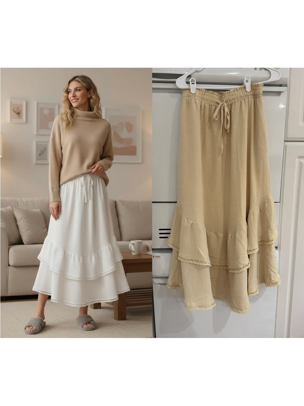 HUSKARY Beige Tiered Ruffle Maxi Skirt NWT S Sand Boho Tan Skirt